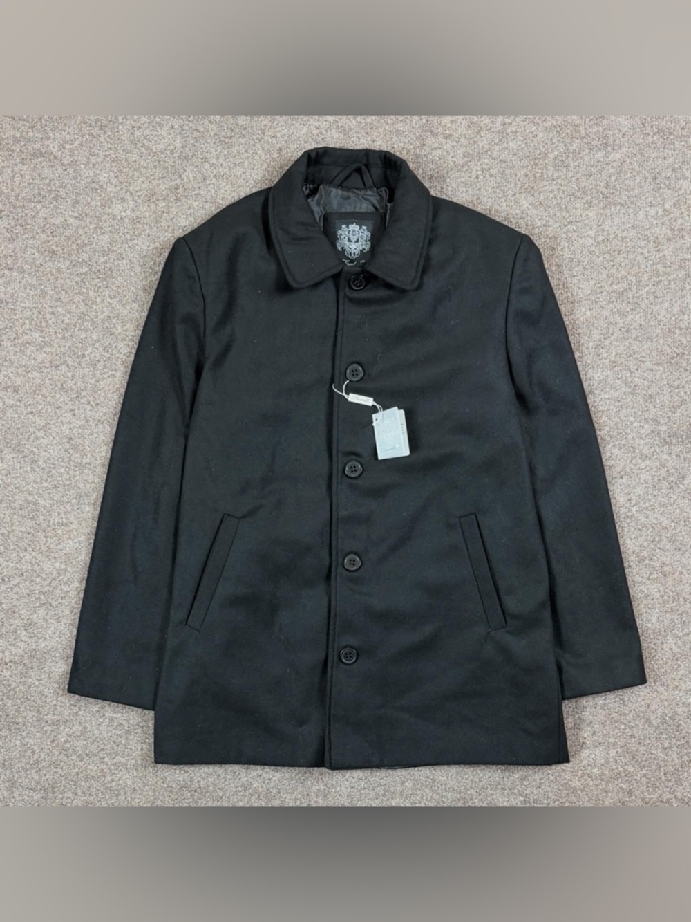 NWT Fratello Black Wool Blend Single Breasted Pea Coat Mens Large Short Overcoat